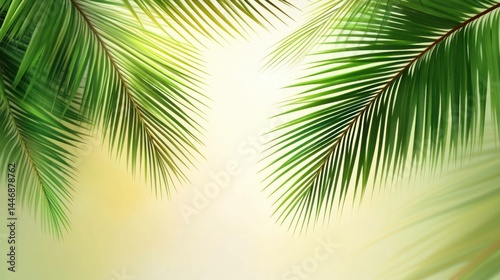 Overhead shot of lush green palm leaves  a tropical summer vibe.