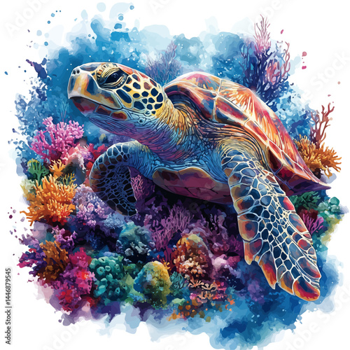 watercolor of Sea Turtle Swimming Above Coral, vector, isolated on a white background.