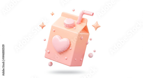 Pink milk carton with heart and straw floating on white background