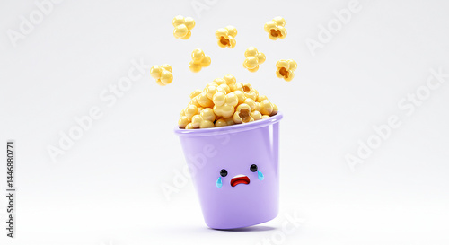 Sad cartoon popcorn bucket dropping corns on white background