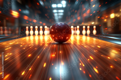 Bowling ball rolling down lane toward pins in a modern bowling alley