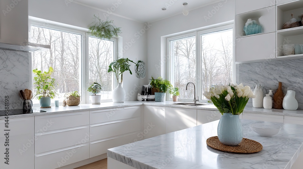 Minimalist white kitchen with marble countertops bathed in morning light, embodying serene Scandinavian elegance
Minimalist white kitchen with marble countertops bathed in morning light, embodying serene Scandinavian elegance