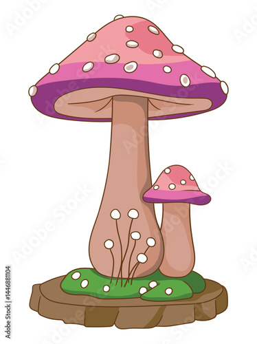Colorful mushroom illustration featuring detailed caps and stems, ideal for botanical designs, nature-themed prints, fairy tale art, or educational materials.