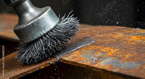 Closeup of a Wire Brush Cleaning Rusted Metal Surface: Industrial Metalwork Detail