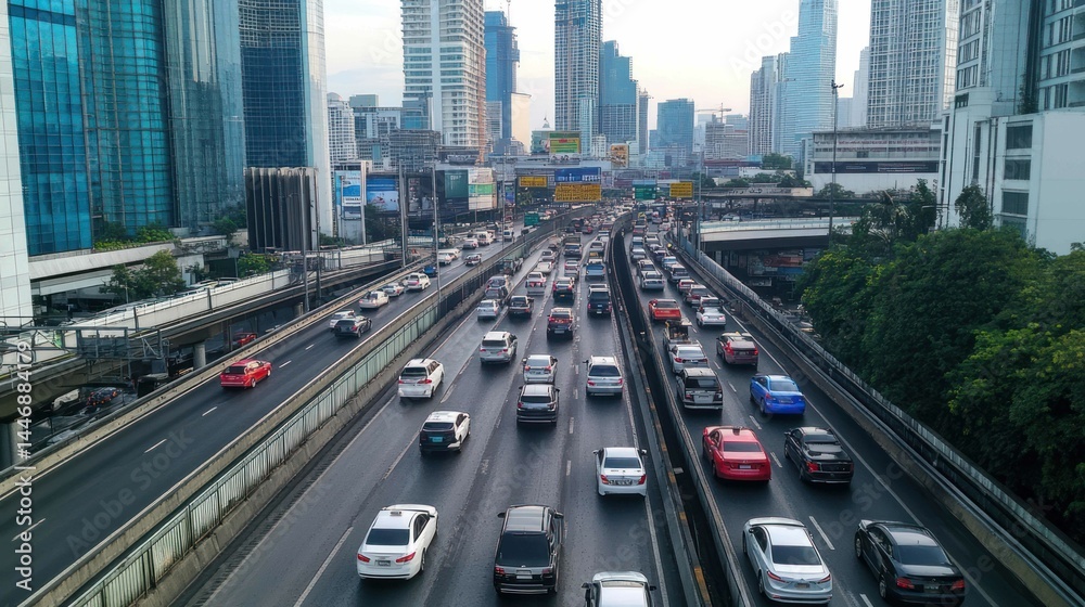Fototapeta premium Cars on a busy highway with city buildings in the background.