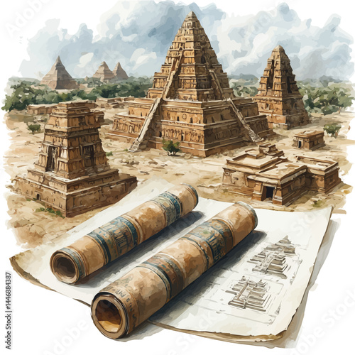 Scroll Map Of Lost Temples, watercolor vector, isolated on a white background.