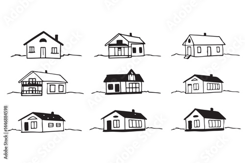 Collection of Modern House Icons for Real Estate, Architecture, and Design Projects, Home Illustration Set, Building and Property Graphics.