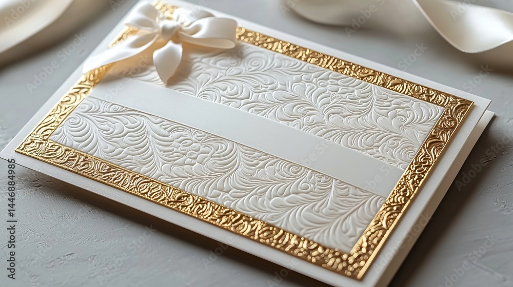Fototapeta premium Luxury birthday card concept with gold embossed border, bright ivory background, ribbon accent in upper corner, flat composition under clean lighting