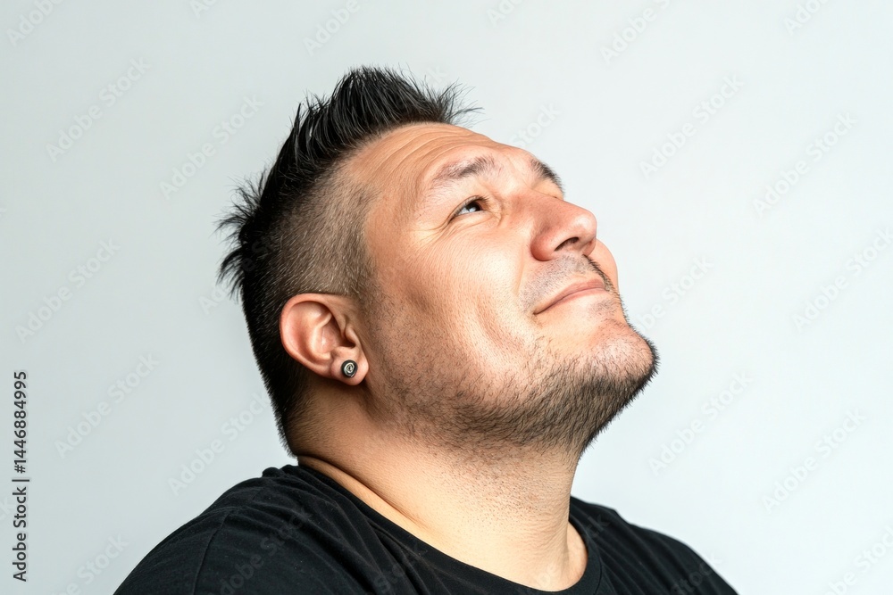 Obraz premium Classy men's short spike haircut - midlife white man with black hair. Pure white solid background. A sophisticated male posing with grace. Artwork of style for aging men.