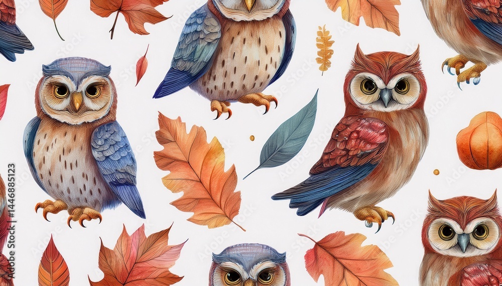 Fototapeta premium Hand-painted owls, fall leaves seamless pattern, watercolor forest creatures. Autumn nature