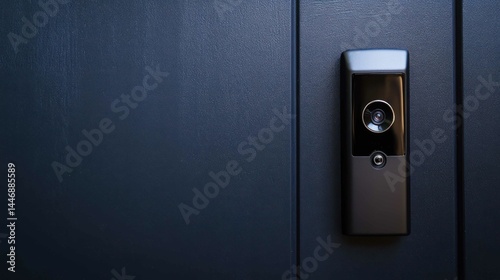 Modern doorbell security system on a dark painted door for home safety