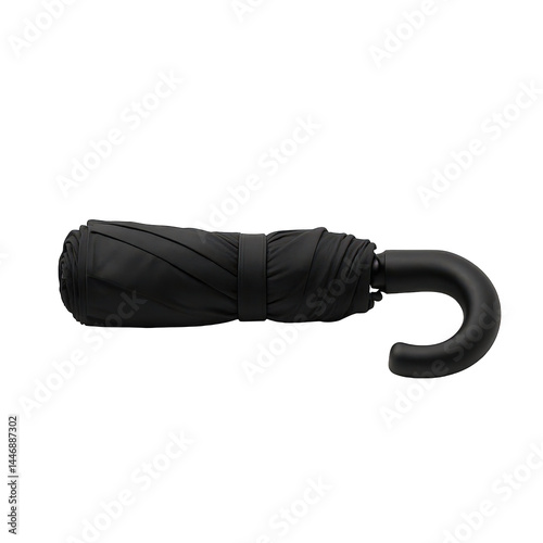 Stylish black folding umbrella tightly rolled and strapped, ready for sudden rain with a comfortable curved grip.