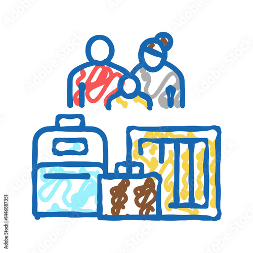 family refugee with luggage icon doodle illustration
