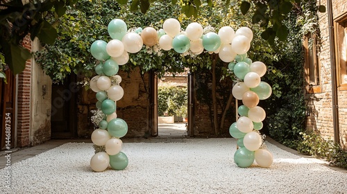 Soft ivory and mint balloon arch in a courtyard garden, daylight filtering through trees, white gravel flooring, balanced and clean event style with fresh ambiance