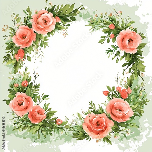 Card design with soft watercolor floral wreaths around the edge, white central space, slightly torn paper edge for a rustic touch, romantic and feminine vibe