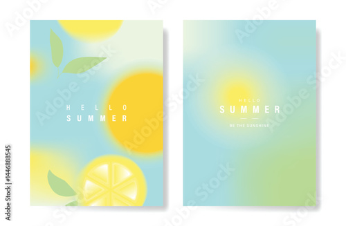 Abstract colorful gradient fruit card background set. Minimalist poster with lemon. Modern summer and spring wallpaper design for drink menu, promotion, beverages, ads.