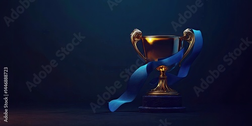 Gold trophy with blue ribbon on dark background (5)