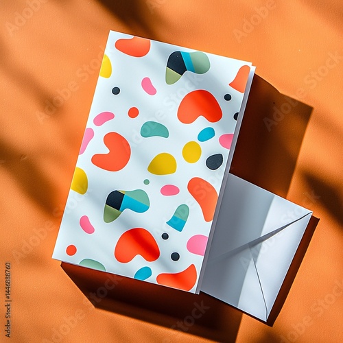 Modern birthday card with playful rainbow shapes, glossy paper texture, shadows that imply depth, bright cheerful tone, clean white envelope beside the card, top-down perspective