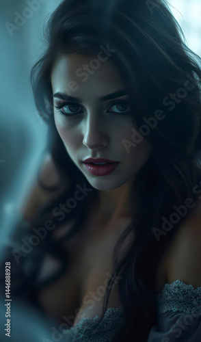 Mysterious Woman Portrait Dark Hair Red Lips Elegant Fashion Photography