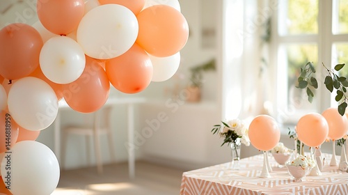 Contemporary party room with peach and white balloon arch to one side, stylish table with geometric patterns, clear daylight tones, simple decorations, no text or figures