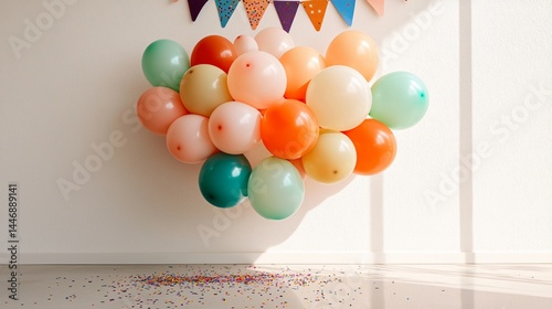 Balloon bouquet in soft rainbow hues against bright white wall, polished floor, confetti subtly spread, party banner above, natural sunlight from one side, no people