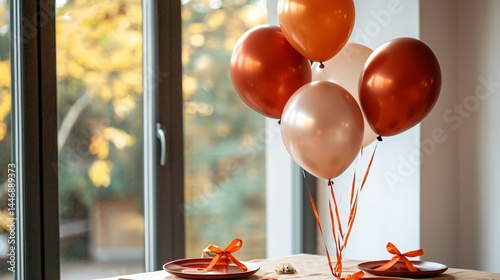 Bright table setup for event, balloons in matte red and orange grouped in corner, warm lighting, festive ribbon on plates, soft textured linen, daylight from window