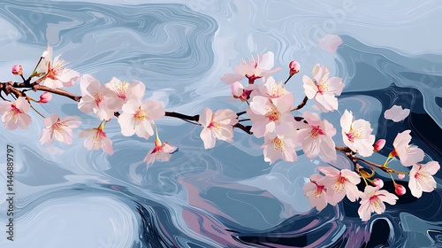 Delicate cherry blossoms in a swirling abstract background.