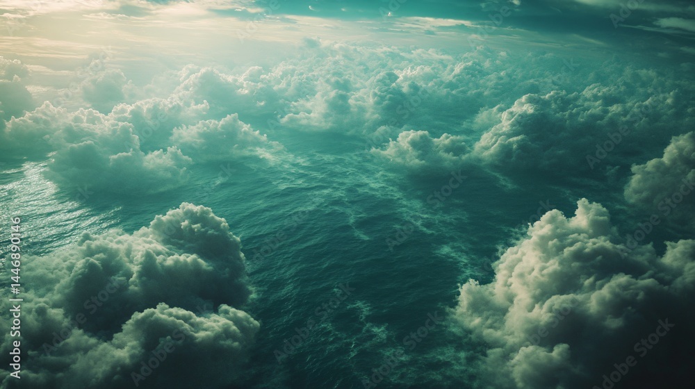 Fototapeta premium High-angle view of cumulus clouds over a vast expanse of water.