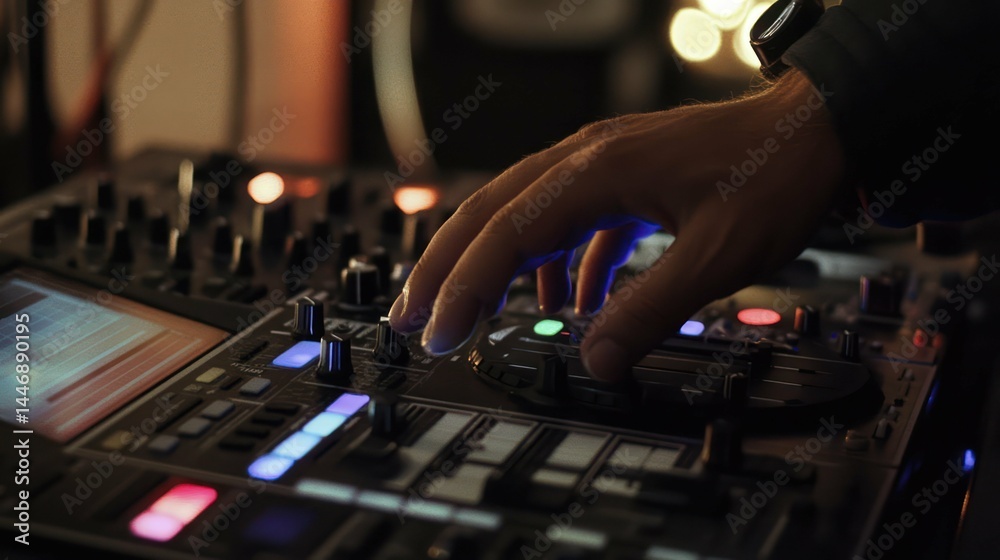 Close-up of DJ adjusting settings on mixer at event, performance, part Close-up of DJ adjusting settings on mixer at event, performance, part