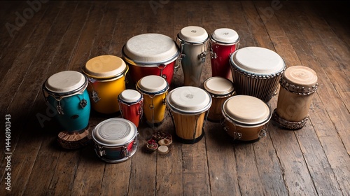 Diverse collection of vibrant percussion instruments arranged on a rustic wooden floor