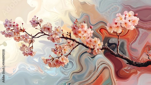 Abstract floral design with cherry blossom branch.
