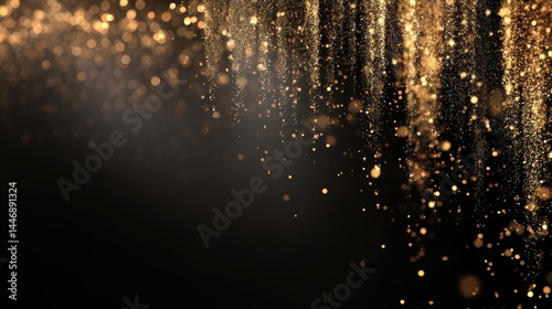 Golden particles glittering on dark background festive elegance sparkling light effects holiday celebration sophisticated design