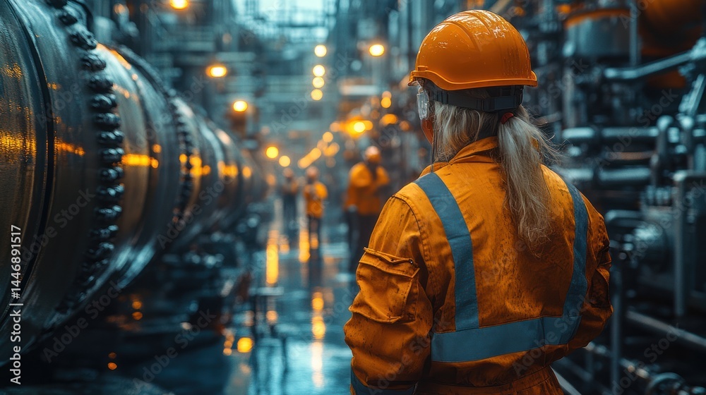 Worker in orange uniform stands in industrial setting with large machinery. Worker in orange uniform stands in industrial setting with large machinery.