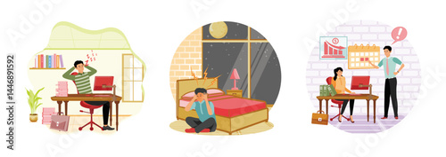 Sleep deprivation concept. Sleep behavior disorder. Work pressure.