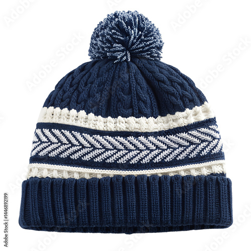 Navy White Cable Knit Beanie with Pom