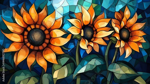 Colorful mosaic artwork depicting three sunflowers.