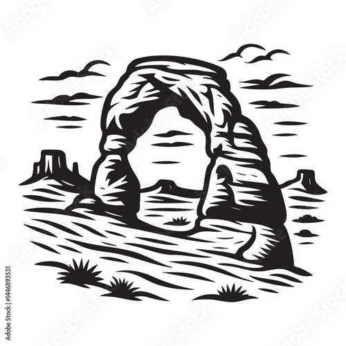 Rock arch in desert landscape vector illustration