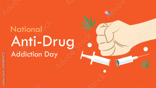 Anti drug addiction to illegal drugs day with fist smashing syringe pills and marijuana leaf vector graphics sign illustration.