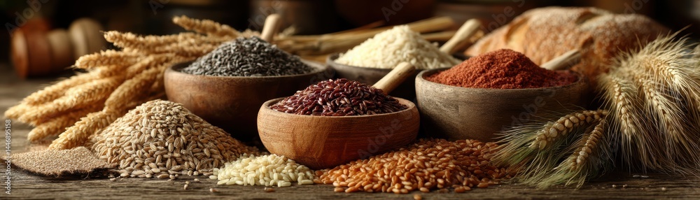 Fototapeta premium Whole food Various spices and grains in bowls on a wooden surface, highlighting natural ingredients.