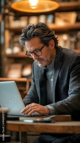 An elderly man with gray hair and glasses, wearing a dark suit and tie, works intensely on a laptop at a wooden table in a cozy cafe with warm lighting and shelves in the background.