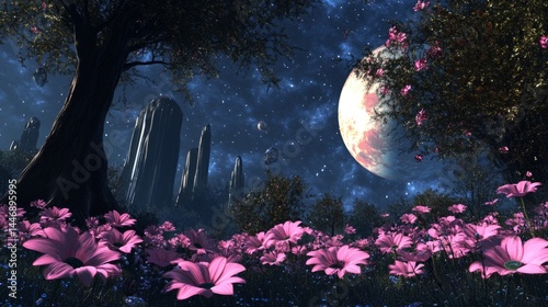 Ethereal Night Landscape with Pink Flowers and Glowing Moon