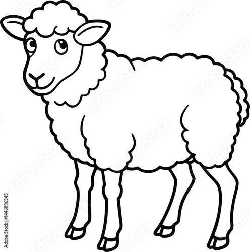 A friendly cartoon style black and white sheep vector illustration, perfect for farm themed graphics, coloring pages, and agricultural materials.