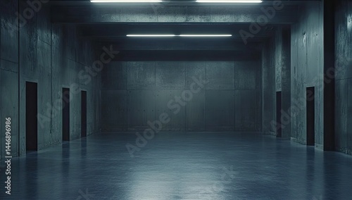 Dark, empty concrete corridor with doors.  Smooth floor reflects light