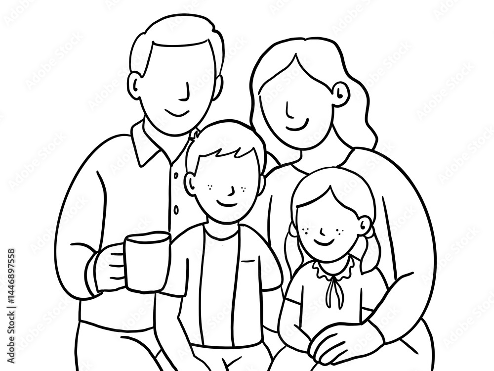 Simple and heartwarning family illustration featuring parents and children in various loving pose Simple and heartwarning family illustration featuring parents and children in various loving pose