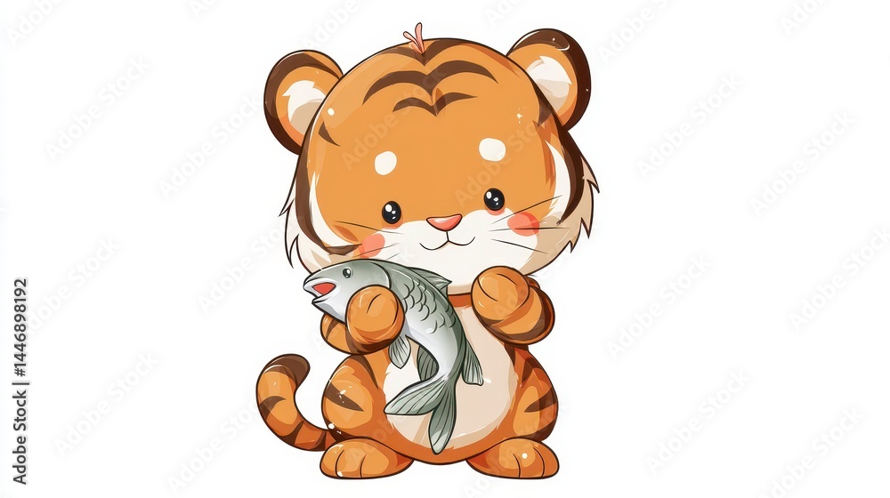 Obraz premium Cute Cartoon Tiger Holding a Fish