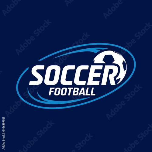 Soccer Football Logo with Bold White and Blue Typography Enclosed in an Elliptical Swoosh alongside a Partial Ball Graphic