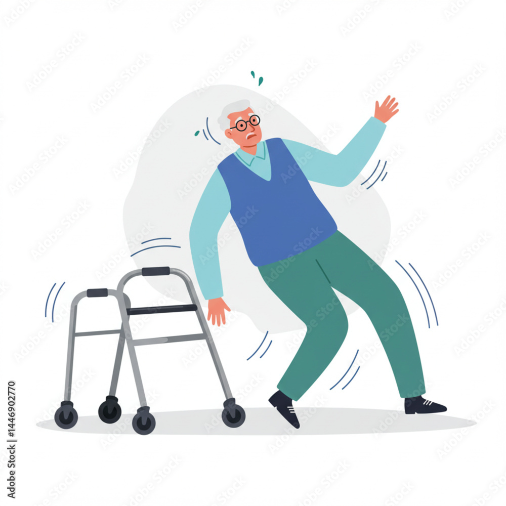 Obraz premium Cartoon Illustration of Elderly Man Falling with Tipping Walker in Safety Awareness Scene