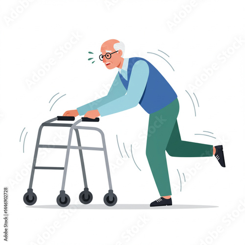 Cartoon Illustration of Elderly Man Falling with Tipping Walker in Safety Awareness Scene