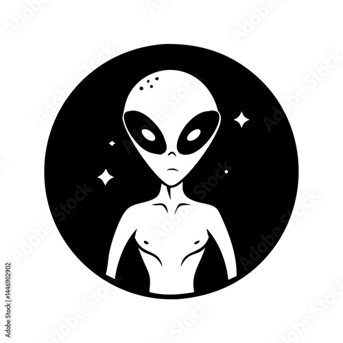 Monochromatic Illustration of a Grey Alien Standing in Space with Dark Background