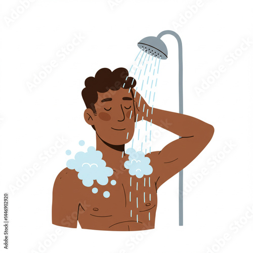 Cartoon Illustration of Male Showering in Relaxed Bathroom Scene